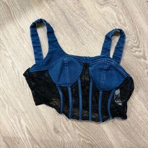 Denim and Black Lace Women's Top Corset Size Large Festival Boho Chic Edgy